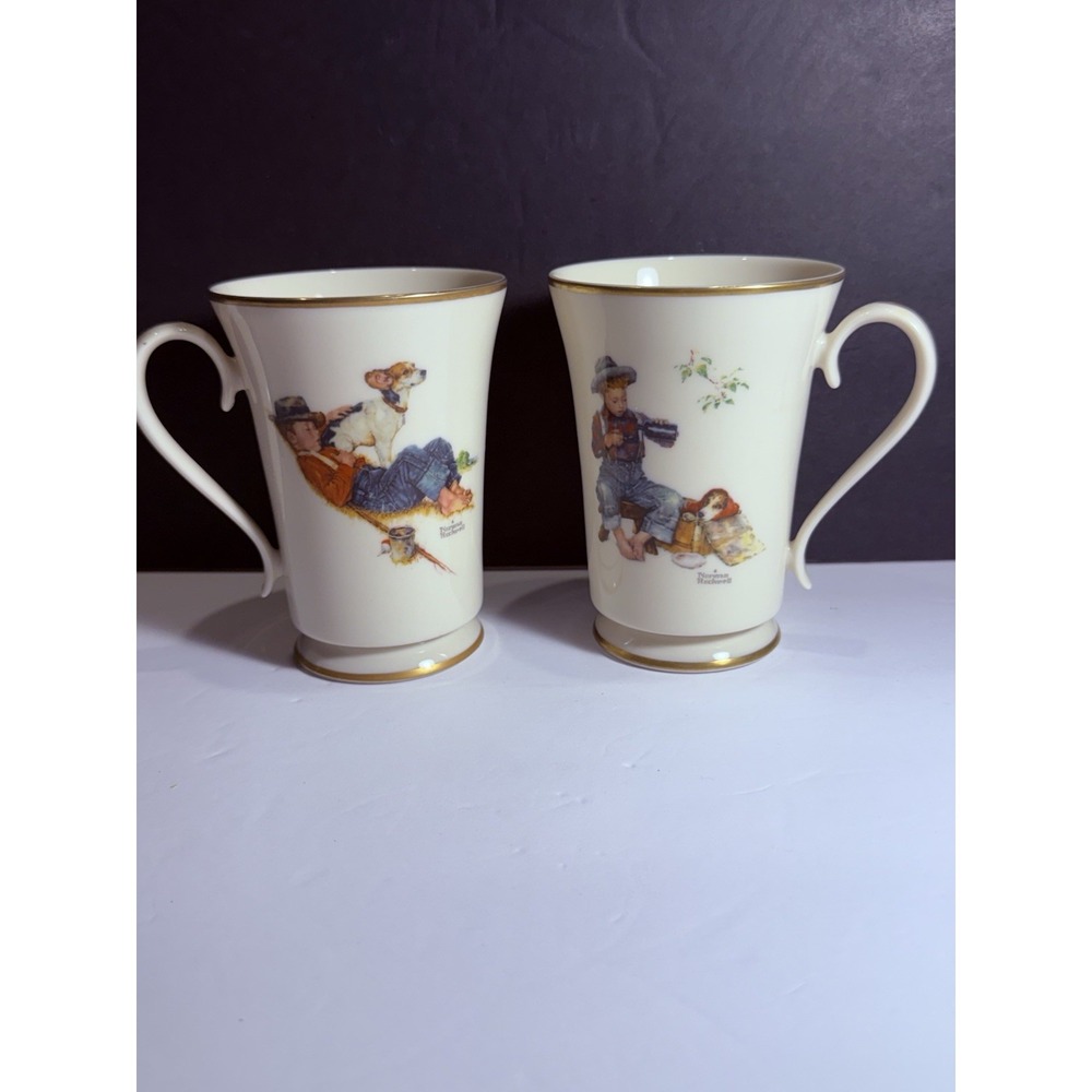 Norman Rockwell Gorham A Boy & His Dog Mug Set of 2 Limited Edition USA